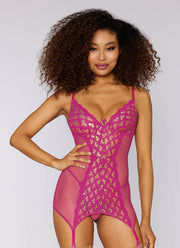Metallic heart fishnet garter slip