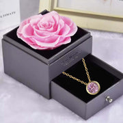 Preserved Rose Flower In a Acrylic Box with Real Gold Plated October Birthstone Necklace