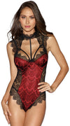 Eyelash Lace Trim Bodysuit in Black Red