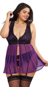 3pc Garter Babydoll Set in Purple