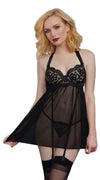 Embroidered Garter Babydoll Set in Balck