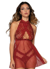 Stretch lace and mesh babydoll with a high-neck halter neckline