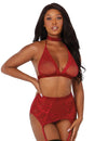 Halter tie-neck fishnet bralette with a lace trim