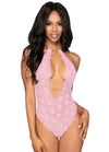 Stretch lace halter teddy with chain accents