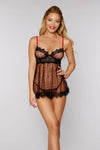 Flocked heart mesh and eyelash lace trim babydoll set