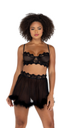 2PC Mesh Underwire Bralette & Skirt Set with Faux Fur Detail