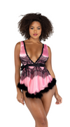 2PC Satin & Lace Babydoll with Tie & Faux Feather Detail