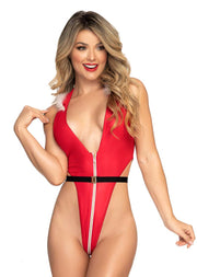 Sexy Mrs. Claus Faux Leather Bodysuit with Hood and Belt.