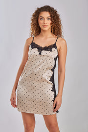 Polka Dot Print Chemise with Lace Applique