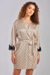Polka Dot Print Robe with Lace Applique in Beige