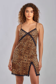 Leopard Print Chemise with Lace Trim