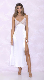 Satin Long Gown with Thigh Slit in White
