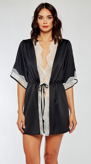 Eyelash Satin Robe in Black