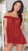 Ruffle Off Shoulder Dot Mesh Babydoll in Red