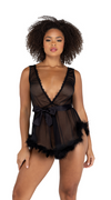 Low Cut Mesh Babydoll with Faux Fur Trim & Satin Tie
