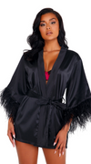Dreamy Satin Robe with Feathered Trim