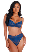 2Pc Satin & Lace Bra Set in Navy Blue