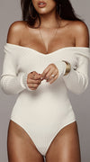 Off Shoulder Long Sleeves Knitted Bodysuit in White