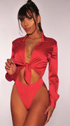 Chic Satin Long Sleeve Bow Tie Bodysuit in Red