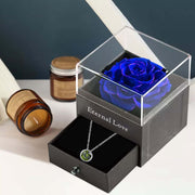 Preserved Rose Flower In a Acrylic Box with Real Silver Plated August Birthstone Necklace