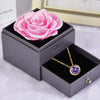 Preserved Rose Flower In a Acrylic Box with Real Gold Plated February Birthstone Necklace
